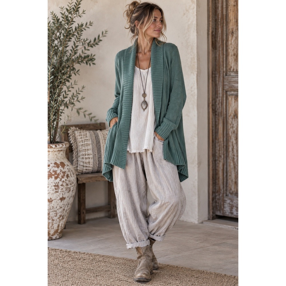 XCVI Women L Sage Green Open Front Shawl Collar Cardigan Boho Cozy Knit